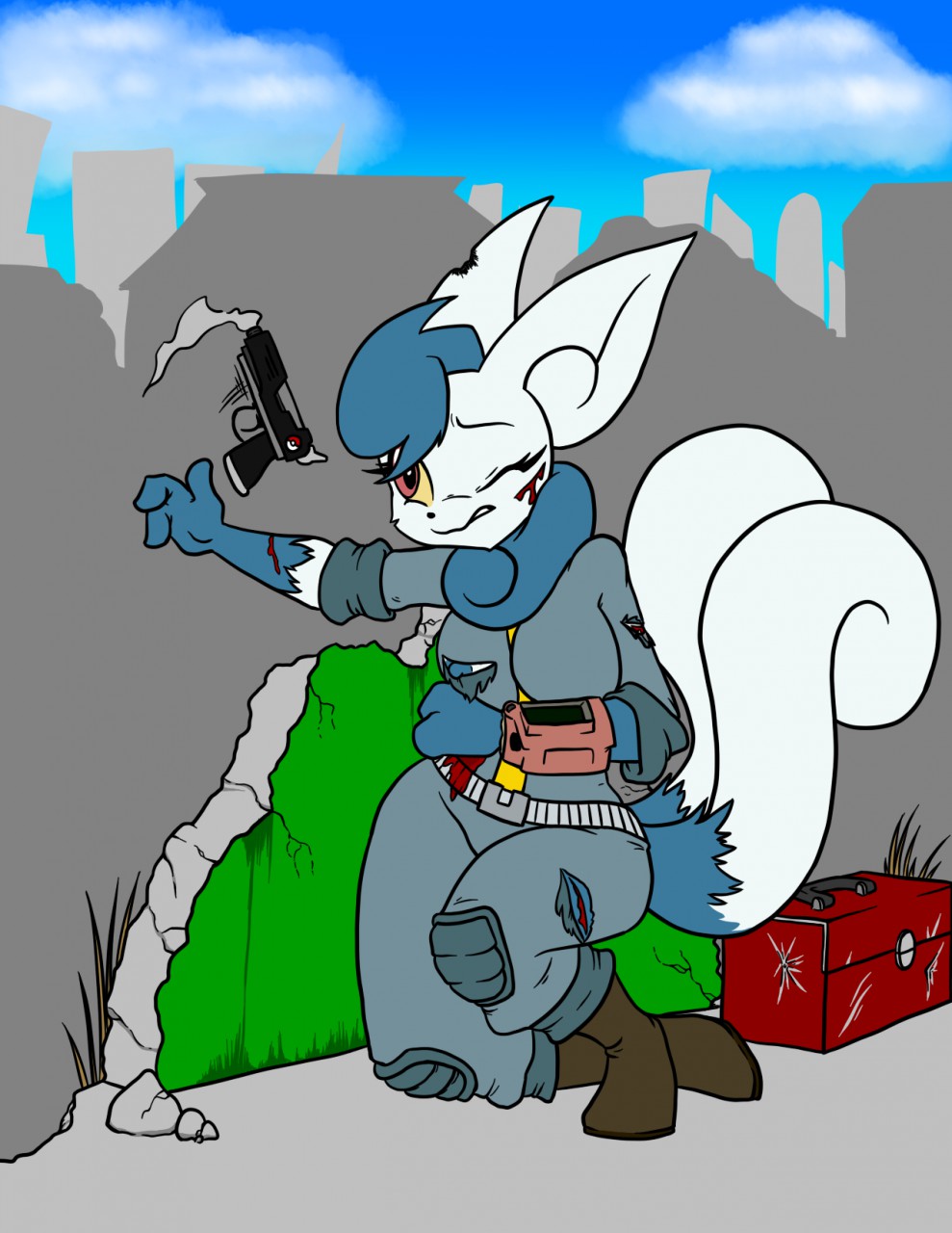 2016 2_tails anthro areola battle bethesda_softworks blood blue_areola blue_fur blue_hair blue_nipples bodily_fluids boots breasts caitlyn_(swordfox) city clothing crossover crouching damaged_clothing fallout felid feline female fight footwear fur grass grimace gun hair handgun hi_res inkwell-pony mammal meowstic multi_tail nintendo nipples pip-boy pistol pok&eacute;mon pok&eacute;mon_(species) pok&eacute;morph post-apocalyptic ranged_weapon red_eyes ruins smoke story story_in_descriptions toolbox vault_suit video_games weapon white_fur wounded yellow_sclera
