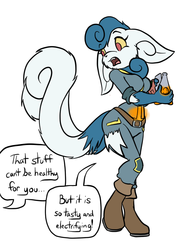 2018 2_tails alpha_channel anthro belt bethesda_softworks beverage blue_fur blue_hair boots caitlyn_(swordfox) clothing crossover damaged_clothing english_text fallout fangs felid feline female footwear fur glowing glowing_liquid hair inkwell-pony looking_back mammal meowstic multi_tail nintendo open_mouth pip-boy pok&eacute;mon pok&eacute;mon_(species) post-apocalyptic red_eyes simple_background soda soda_bottle speech_bubble story story_in_description teeth text transparent_background vault_suit video_games white_fur yellow_sclera