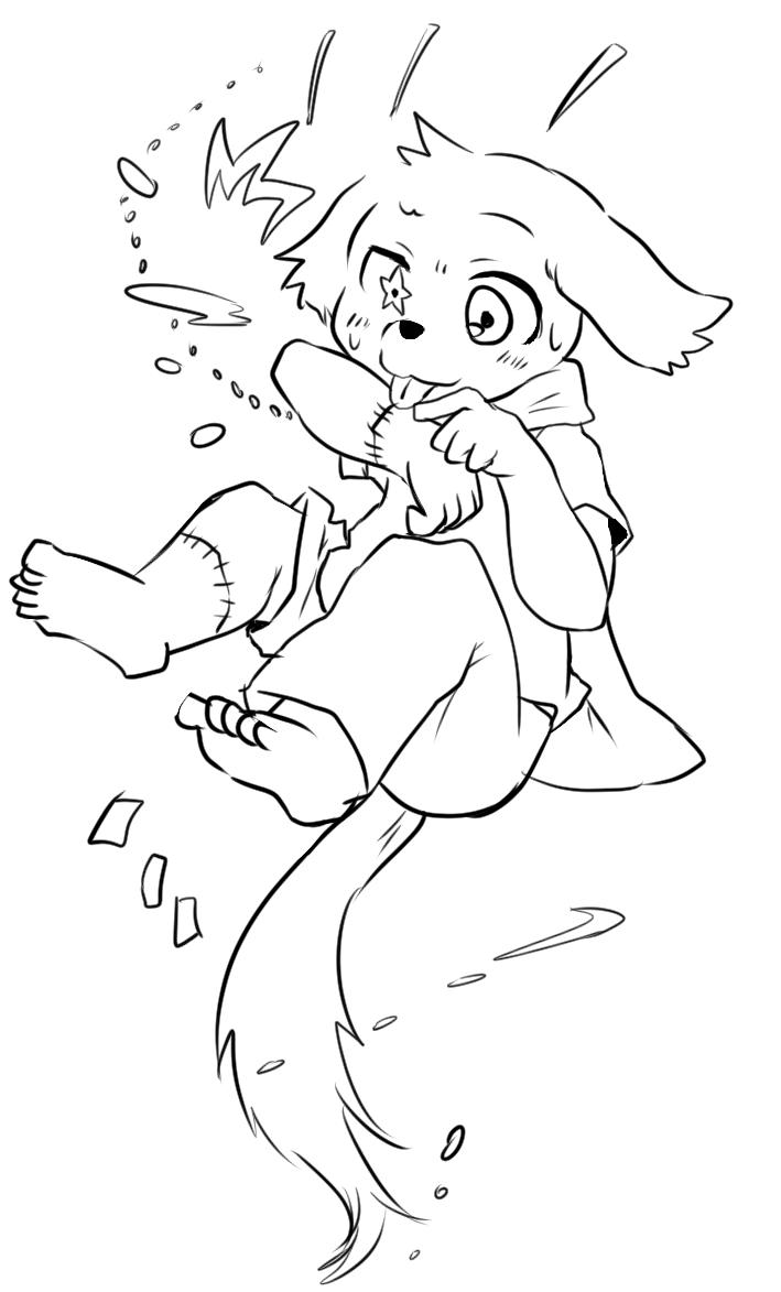 2019 5_toes anthro barefoot biped black_and_white blush bodily_fluids bottomwear canid canine canis cape clothed clothing cub domestic_dog feet floppy_ears fully_clothed fur humanoid_feet kemono magumomo male mammal monochrome pants shirt simple_background sitting solo star_eyes stitches sweat toes tongue tongue_out topwear white_background wounded young