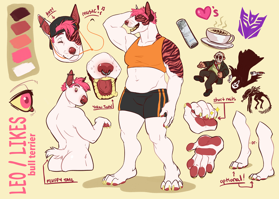 bull_terrier canid canine canis clothed clothing domestic_dog english_text female flynx-flink hat headgear headwear hunting_dog mammal model_sheet nude open_mouth paws piercing smile standing terrier text