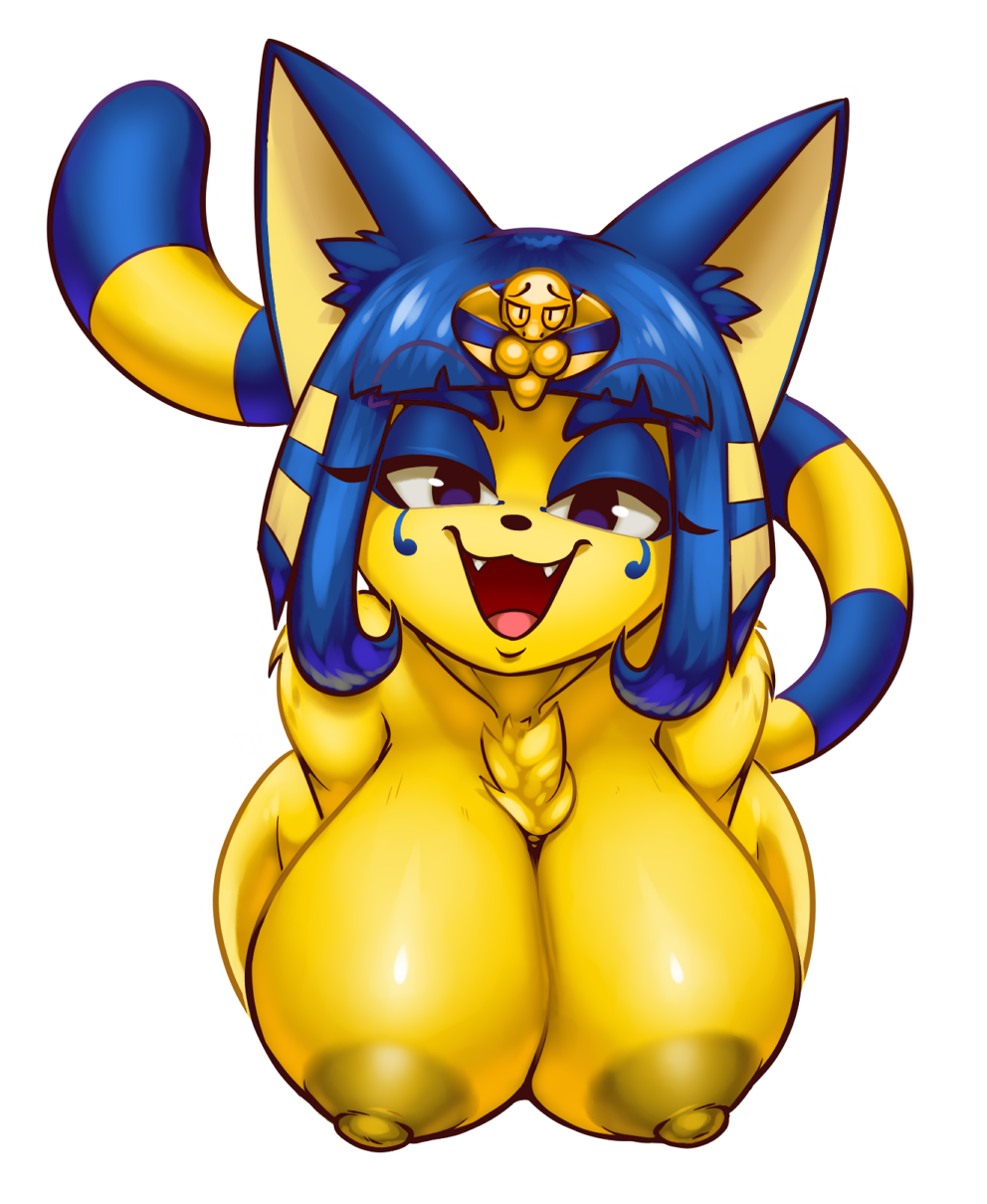2018 alpha_channel animal_crossing ankha_(animal_crossing) anthro areola big_breasts blue_eyes blue_hair breasts bust_portrait cat conditional_dnp egyptian eyeshadow fangs feline female hair hi_res looking_at_viewer makeup mammal nintendo nipples open_mouth portrait short_hair simple_background solo teckworks transparent_background video_games