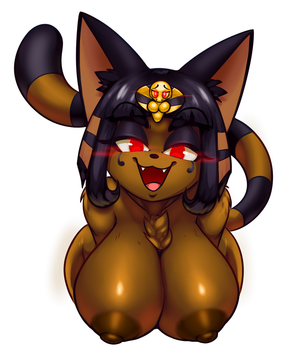 2018 alpha_channel animal_crossing ankha_(animal_crossing) anthro areola big_breasts black_hair breasts bust_portrait cat conditional_dnp dark_skin egyptian eyeshadow fangs feline female hair hi_res looking_at_viewer makeup mammal nintendo nipples open_mouth portrait red_eyes short_hair simple_background solo teckworks transparent_background video_games