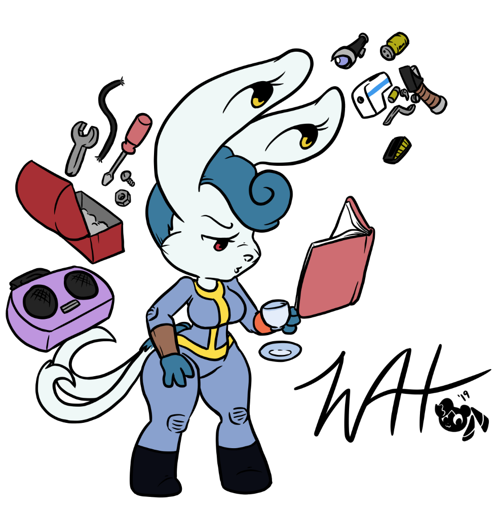 2019 2_tails alpha_channel anthro battery bethesda_softworks blue_fur blue_hair book boombox boots caitlyn_(swordfox) clothing crossover cup fallout felid feline female footwear fur hair inkwell-pony laser_gun laser_pistol mammal meowstic multi_tail nintendo nut pip-boy plate pok&eacute;mon pok&eacute;mon_(species) pok&eacute;morph post-apocalyptic psychic radio ranged_weapon reading red_eyes screw screwdriver simple_background solo tea_cup telekinesis toolbox tools transparent_background vault_suit video_games weapon white_fur wire wrench yellow_eyes