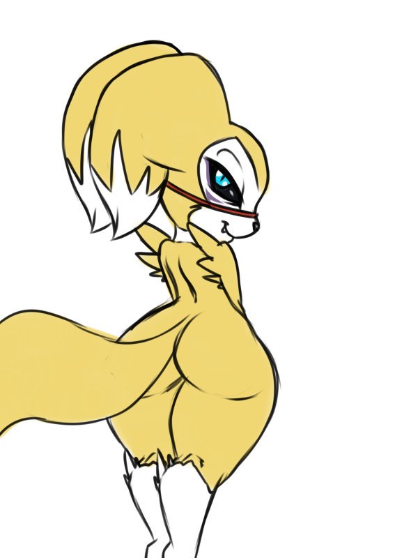 butt digimon digimon_(species) fan_character female furball hybrid impmon impmon_x looking_at_viewer looking_back nude renamon renimpmon renimpmon_x short_stack solo standing