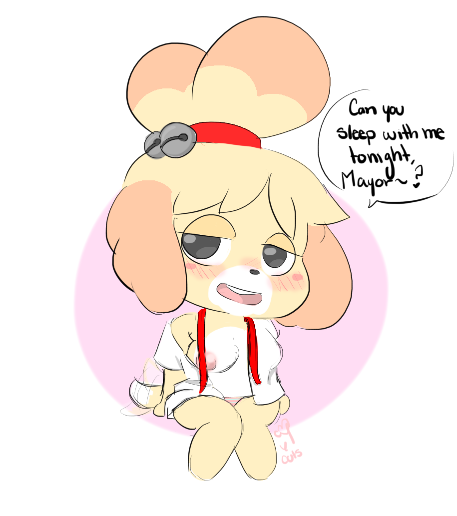 2018 animal_crossing anthro blush breasts canid canine canis clothed clothing domestic_dog english_text female fur hair half-closed_eyes isabelle_(animal_crossing) mammal nintendo nipples open_mouth panties partially_clothed shih_tzu simple_background solo speech_bubble text toy_dog underwear vallycuts video_games yellow_fur