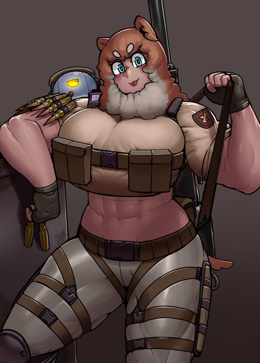 abs ambiguous_gender animal_humanoid belt biceps big_breasts blep blue_eyes bottomwear breasts brown_hair bullet canid canid_humanoid canine canine_humanoid clothed clothing crop_top dog_humanoid felicia_(krekk0v) female female_focus fingerless_gloves gloves gun hair handwear hi_res huge_breasts humanoid krek krekk0v machine mammal mammal_humanoid midriff multicolored_hair muscular muscular_female navel pants ranged_weapon rifle robot shirt solo_focus tongue tongue_out topwear weapon white_hair