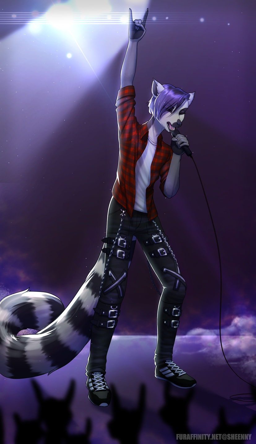 2019 5_fingers anthro clothed clothing eyes_closed fingers hair hi_res holding_object lemur male mammal open_mouth primate purple_hair sheenny standing teeth tongue