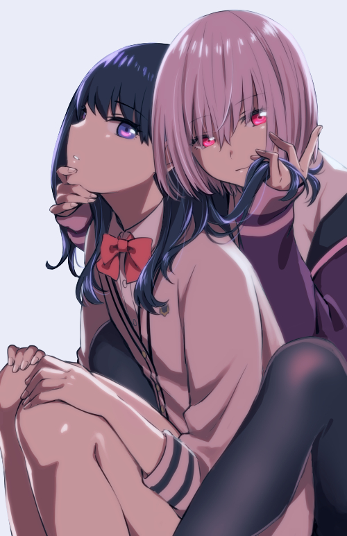 2girls bangs bare_legs between_legs black_hair black_legwear blue_eyes bow bowtie cardigan chin_grab closed_mouth collared_shirt commentary_request eyebrows_visible_through_hair frottage grey_background hair_over_eyes hand_on_another's_chin hands_on_own_knees holding_another's_hair jacket kamekoya_sato knees_up lavender_hair leaning_forward long_hair long_sleeves looking_at_viewer multiple_girls off_shoulder pantyhose parted_lips purple_jacket red_bow red_eyes red_neckwear school_uniform shinjou_akane shiny shiny_hair shiny_skin shirt simple_background sitting sleeves_past_wrists ssss.gridman straight_hair takarada_rikka thighs white_cardigan white_shirt yuri