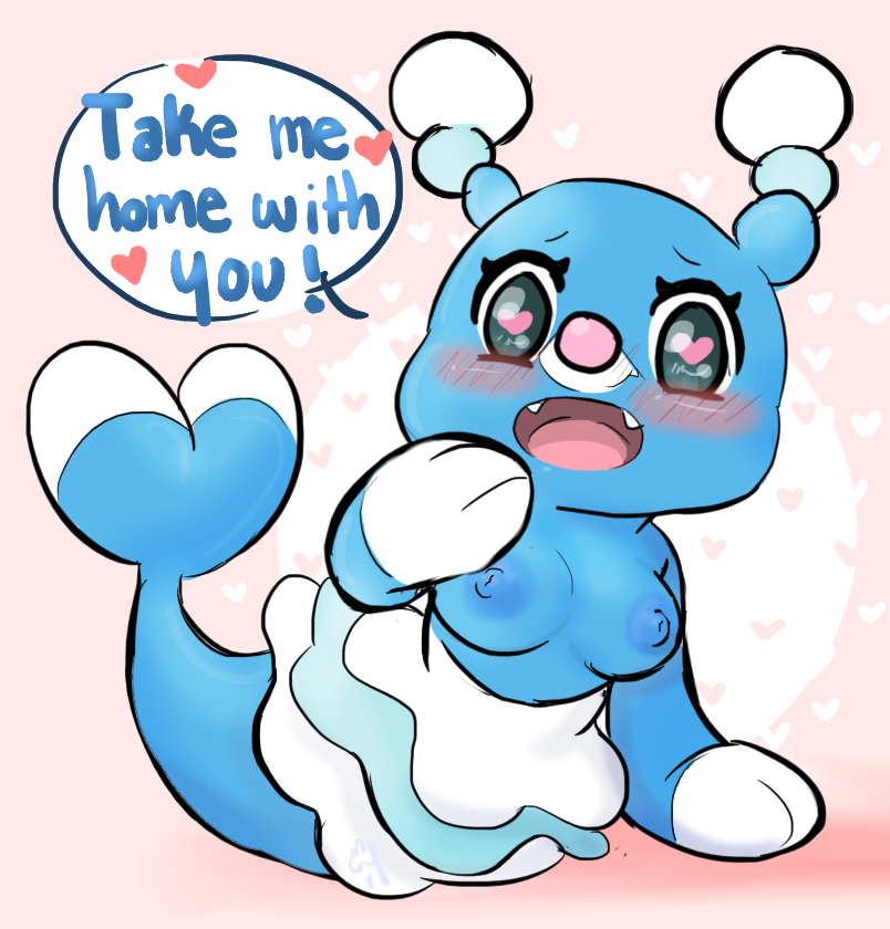 &lt;3 &lt;3_eyes 2018 blush breasts brionne busty_feral english_text fangs female feral looking_at_viewer mammal marine nintendo nipples open_mouth pinniped pok&eacute;mon pok&eacute;mon_(species) simple_background solo speech_bubble text vallycuts video_games