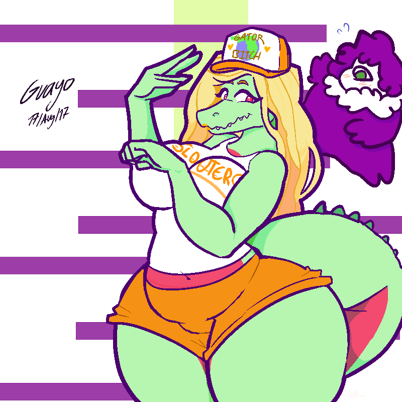 1:1 alligator alligatorid belly big_breasts big_butt big_stomach blonde_hair booty_shorts bottomwear breasts butt clothed clothing crocodilian eyelashes female florida gift guayo hair invalid_tag lipstick looking_at_viewer makeup matz matzzacre reptile scalie short_shorts shorts simple_background smile thick_thighs