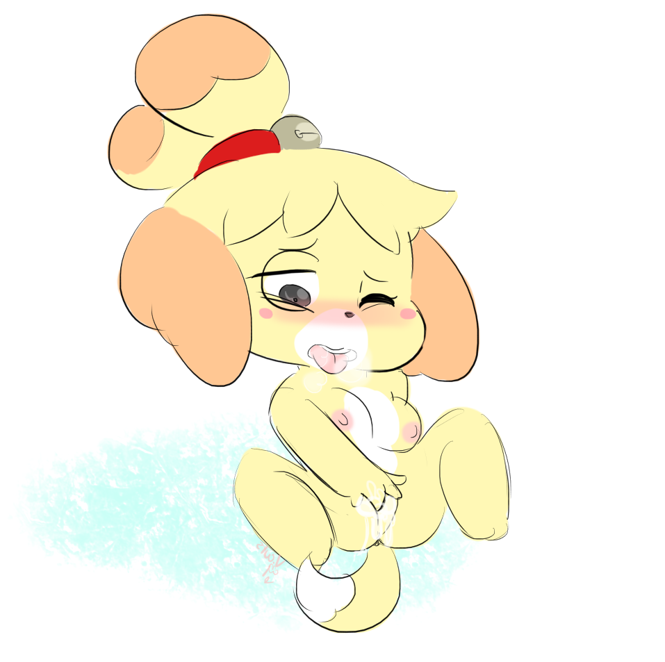 2018 animal_crossing anthro blush bodily_fluids breasts canid canine canis domestic_dog female fur genital_fluids hair isabelle_(animal_crossing) mammal masturbation nintendo nipples nude one_eye_closed open_mouth pussy pussy_juice shih_tzu simple_background solo toy_dog vaginal vaginal_masturbation vallycuts video_games yellow_fur