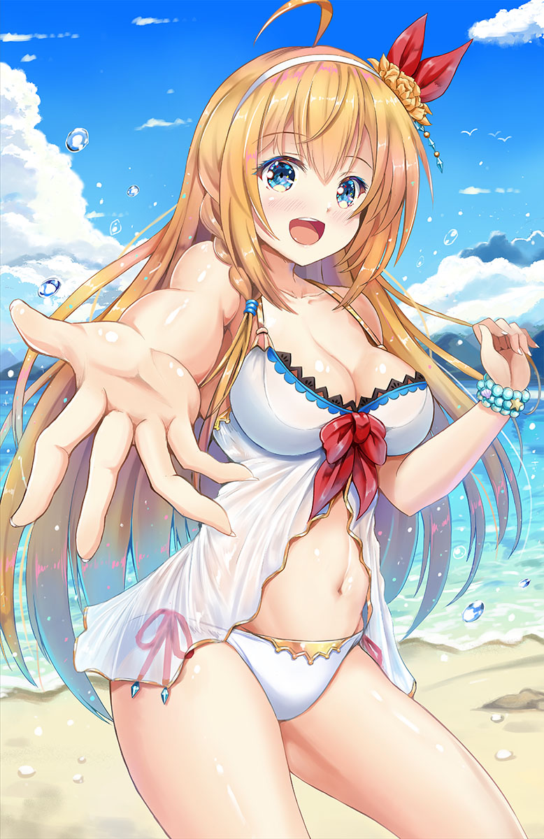 1girl ahoge armband bangs beach bikini blonde_hair blue_eyes blush braid cloud cloudy_sky commentary_request cowboy_shot eyebrows_visible_through_hair flower hair_between_eyes hair_flower hair_ornament hairband highres long_hair looking_at_viewer ocean open_mouth outdoors outstretched_arm pecorine princess_connect! princess_connect!_re:dive reaching_out red_ribbon ribbon see-through side-tie_bikini sidelocks single_braid sky solo suzuta_yume swimsuit very_long_hair water water_drop wet white_bikini
