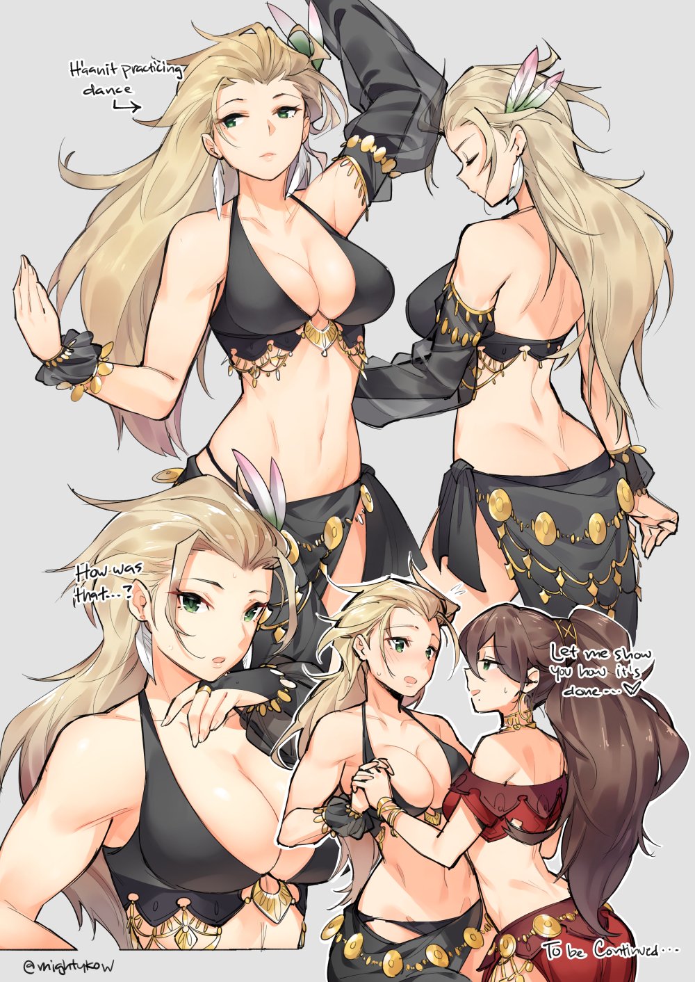 2girls arms_up black_dress blonde_hair brown_hair chain dancer dress expressionless feathers gebyy-terar gold_chain green_eyes h'aanit_(octopath_traveler) highres holding_hands multiple_girls multiple_views no_bangs octopath_traveler ponytail primrose_azelhart red_dress to_be_continued yuri