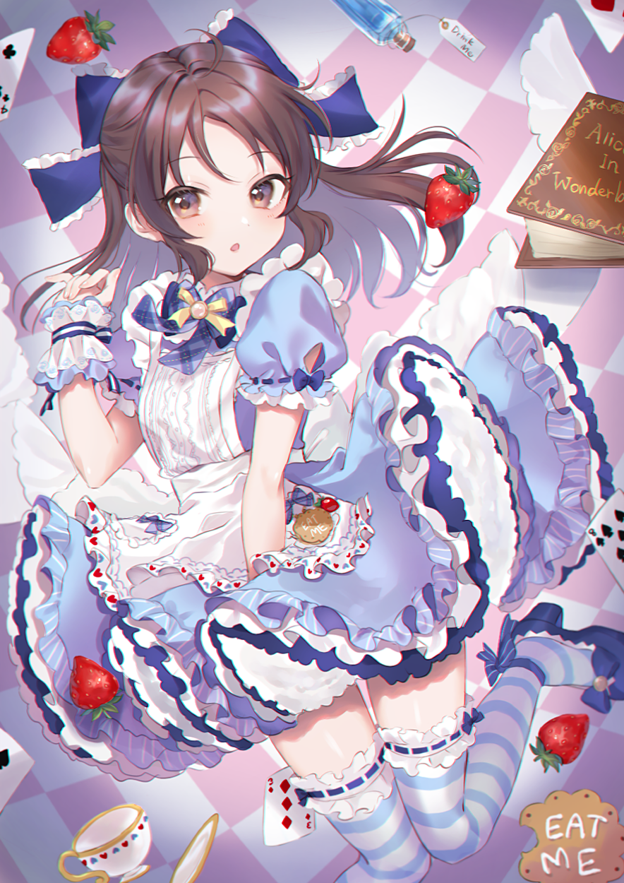 1girl :o anoa apron bangs blue_bow blue_dress blue_footwear blush book bottle bow brown_eyes brown_hair card checkered club_(shape) commentary_request cup dress drink_me eat_me eyebrows_visible_through_hair food frilled_bow frills fruit hair_bow hand_up heart high_heels highres idolmaster idolmaster_cinderella_girls idolmaster_cinderella_girls_starlight_stage long_hair looking_at_viewer parted_lips plaid plaid_bow playing_card puffy_short_sleeves puffy_sleeves saucer shoes short_sleeves solo spade_(shape) strawberry striped striped_legwear tachibana_arisu teacup thighhighs waist_apron white_apron wrist_cuffs