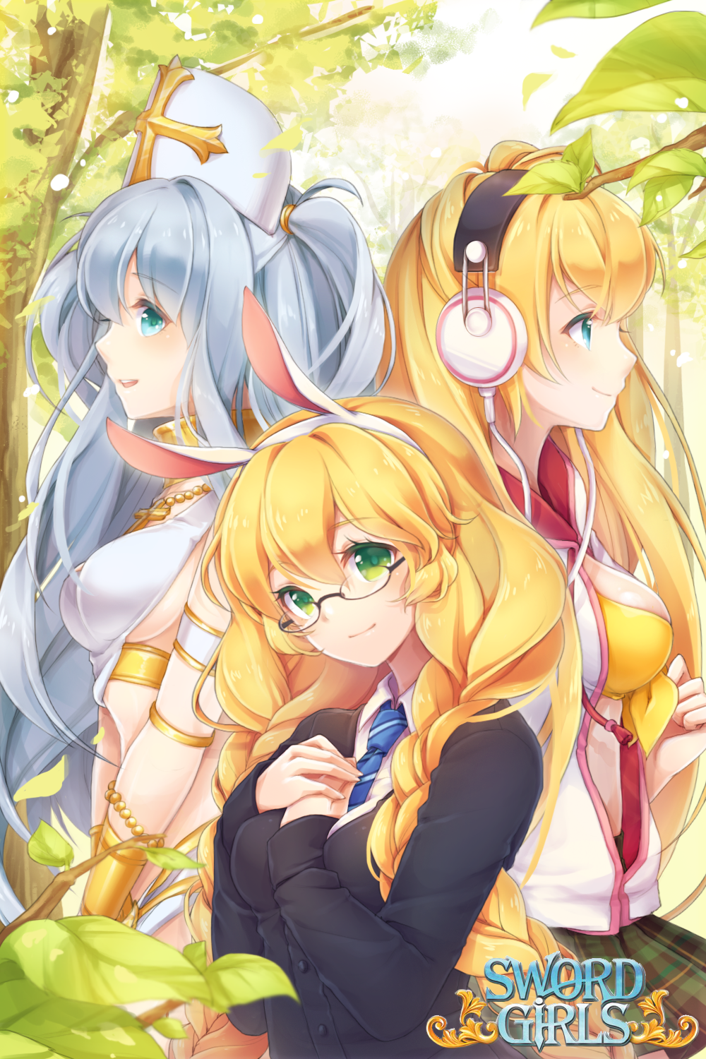 3girls black_jacket blonde_hair blue_eyes blue_neckwear bra braid breasts commentary copyright_name day eyebrows_visible_through_hair green_eyes grey_hair hair_ornament headphones highres ika_(4801055) jacket large_breasts looking_at_viewer looking_to_the_side multiple_girls necktie outdoors shirt skirt smile sword_girls underwear white_jacket white_shirt yellow_bra