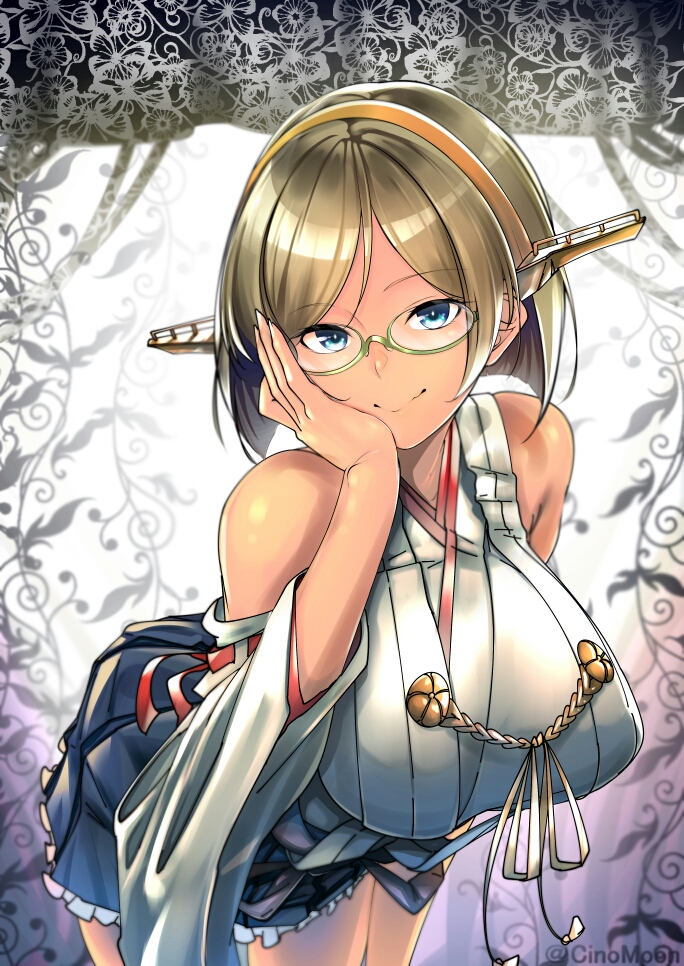 1girl aiguillette alternate_hair_color bangs bare_shoulders blonde_hair blue_eyes blush bob_cut breasts closed_mouth detached_sleeves expressionless eyebrows_visible_through_hair glasses green-framed_eyewear hairband hand_on_own_cheek headgear japanese_clothes kantai_collection kirishima_(kantai_collection) large_breasts leaning_forward nontraditional_miko parted_bangs short_hair sidelocks smile tatsu_shinomu twitter_username