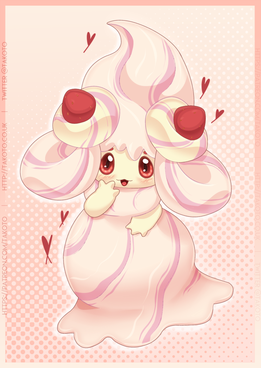 &lt;3 2019 alcremie digital_media_(artwork) female food fruit hi_res looking_at_viewer nintendo open_mouth plant pok&eacute;mon pok&eacute;mon_(species) red_eyes simple_background solo strawberry takoto tongue video_games