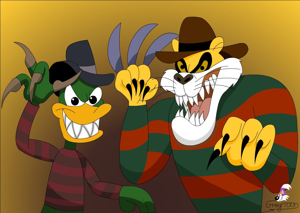 black_eyes claws clothing cosplay cougar eddy_cougar evil_grin feathers felid feline freddy_krueger fur green_feathers gregtoon07 hat headgear headwear male mammal nightmare_on_elm_street parody plucky_duck sharp_teeth simple_background smile sweater teeth tiny_toon_adventures topwear warner_brothers yellow_fur yellow_sclera