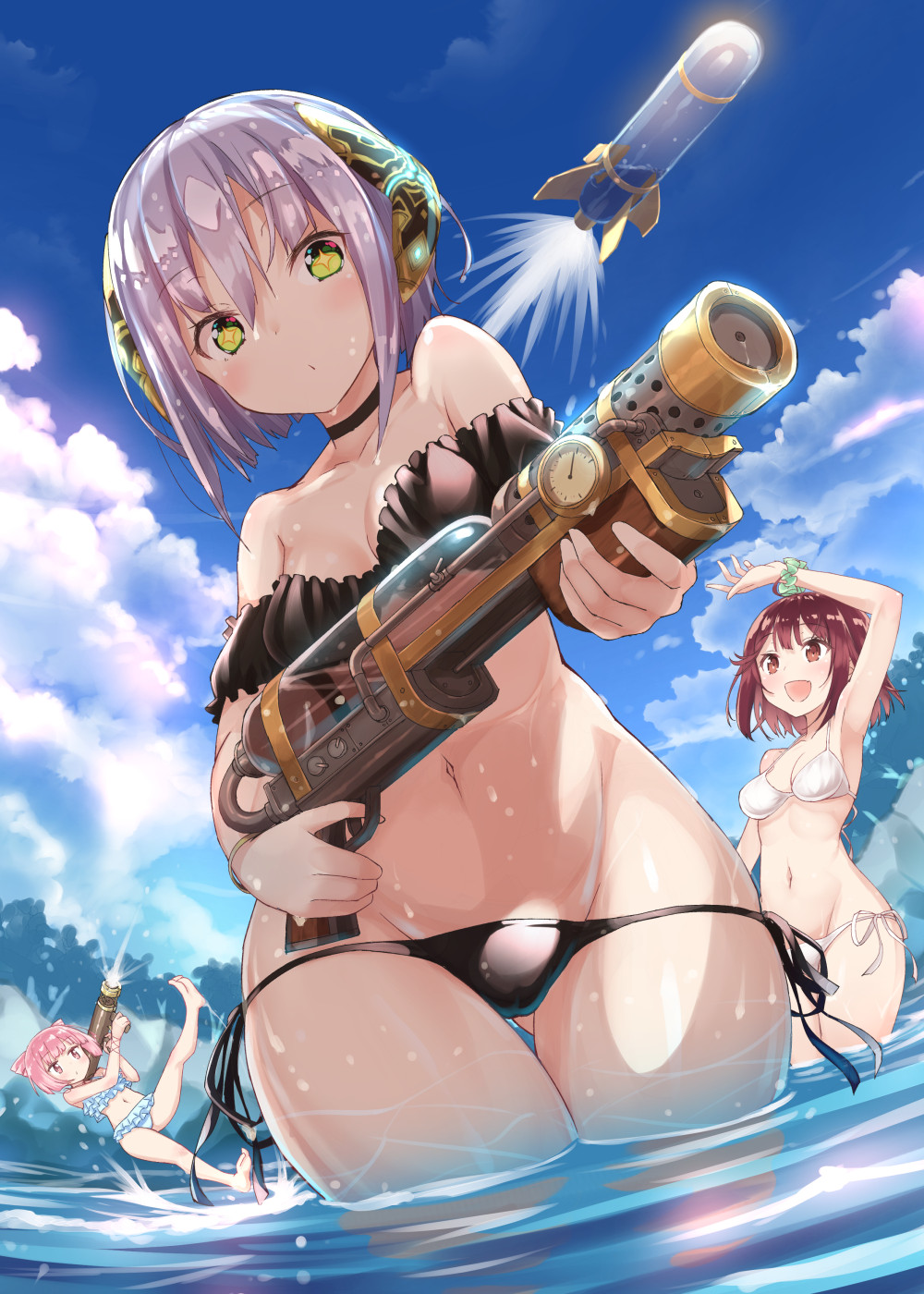 3girls :d ahoge atelier_(series) atelier_sophie bare_shoulders bikini black_bikini blue_bikini breasts chihaya_72 choker cleavage cornelia_(atelier) eyebrows_visible_through_hair frilled_bikini frills green_eyes highres holding_water_gun midriff multiple_girls navel open_mouth partially_submerged pink_hair plachta purple_hair red_eyes red_hair revision rocket scrunchie smile sophie_neuenmuller star star-shaped_pupils swimsuit symbol-shaped_pupils wading white_bikini wrist_scrunchie