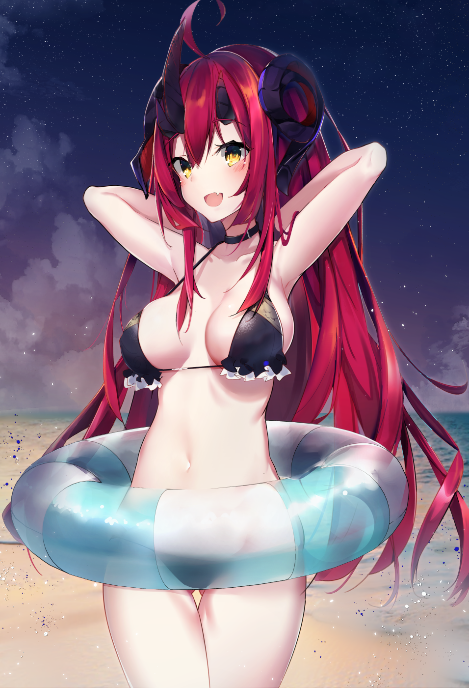 1girl :d ahoge armpits arms_up bare_arms bare_shoulders beach bikini black_bikini black_choker breasts breasts_apart choker cloud collarbone cowboy_shot curled_horns demon_horns fang halterneck harenchi highres horns innertube long_hair looking_at_viewer magrona magrona_channel medium_breasts navel night night_sky ocean open_mouth outdoors red_hair sky smile solo standing star_(sky) starry_sky stomach swimsuit thigh_gap thighs very_long_hair virtual_youtuber yellow_eyes