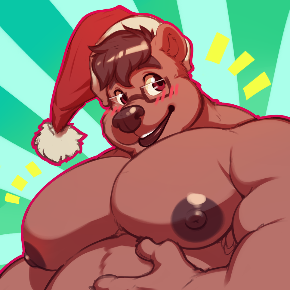 1:1 anthro christmas clothing eyewear glasses hat headgear headwear holidays lips male mammal marlon.cores musclegut muscular muscular_male nipples pecs santa_hat simple_background solo thick_bottom_lip ursid