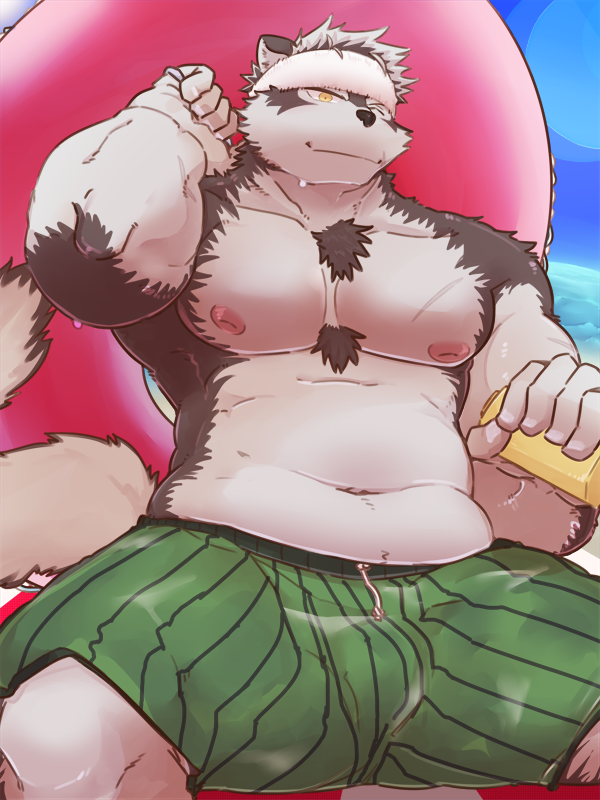 2017 3:4 5_fingers accessory anthro canid canine canis chest_fur clothing fingernails fingers headband horkeukamui inverted_nipples male mammal moobs nails navel nipples one_eye_closed slightly_chubby smile solo swimming_trunks swimwear tokyo_afterschool_summoners umyuta video_games wink wolf yellow_eyes
