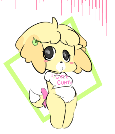 animal_crossing anthro blush blush_stickers bottomless bow breasts canid canine canis clothed clothing domestic_dog female fur hair isabelle_(animal_crossing) low_res mammal nintendo pussy shih_tzu simple_background solo toy_dog vallycuts video_games yellow_fur