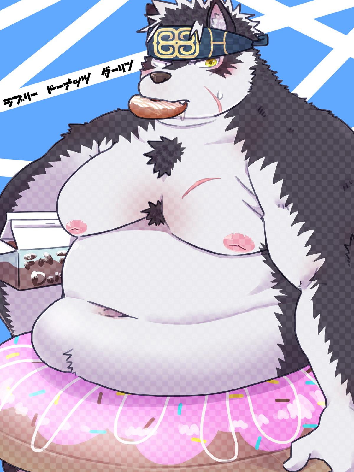 2019 3:4 black_fur blush bodily_fluids canid canine canis chest_fur countershading deep_navel doughnut embarrassed floatie food fur hi_res horkeukamui inverted_nipples male mammal moobs navel nipples obese obese_male overweight overweight_male pink_nipples scar solo sweat tokyo_afterschool_summoners umyuta video_games white_countershading wolf yellow_eyes