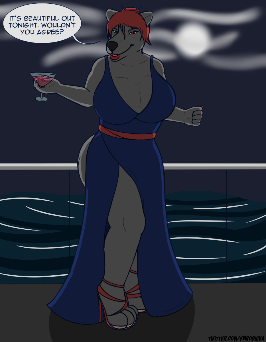 beverage big_breasts breasts canid canine canis enroshiva hi_res kavara looking_at_viewer mammal moon night outside water wolf