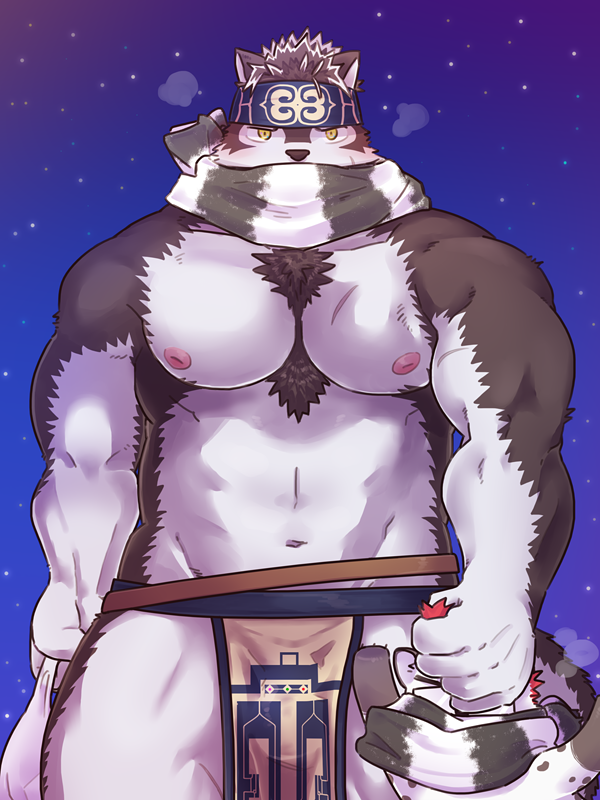 2019 3:4 5_fingers accessory anthro bag black_fur canid canine canis chest_fur clothed clothing duo eyewear fingers fur glasses hair headband horkeukamui hyaenid loincloth male mammal muscular muscular_male navel nipples pecs red_hair scarf size_difference snow tokyo_afterschool_summoners topless umyuta video_games white_fur wolf yellow_eyes