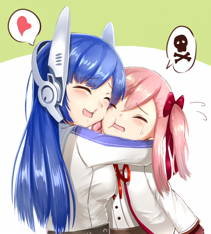 2girls artist_request blue_hair blush cheek-to-cheek commentary_request eyebrows_visible_through_hair girls_frontline glomp heart hug multiple_girls negev_(girls_frontline) pink_hair skull_and_crossbones speech_bubble tar-21_(girls_frontline) younger