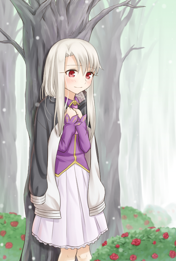 1girl against_tree bangs closed_mouth collared_shirt day eyebrows_visible_through_hair fate/stay_night fate_(series) flower forest frilled_skirt frills gyatto624 hair_between_eyes illyasviel_von_einzbern long_hair long_sleeves medium_skirt nature outdoors pink_neckwear pleated_skirt purple_shirt red_eyes red_flower shirt silver_hair skirt solo standing tree white_skirt wing_collar