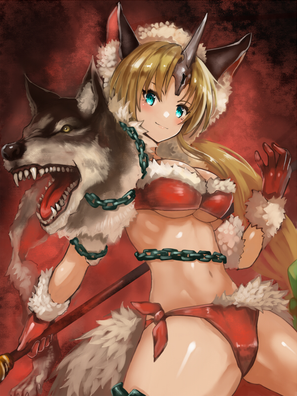 1girl animal_ear_fluff animal_ears aqua_eyes bikini blonde_hair blush bow breasts chain commentary_request edobox fangs feet_out_of_frame fenrir_knight fur_trim gloves green_bow holding holding_spear holding_weapon horn large_breasts light_smile long_hair navel polearm red_background red_bikini red_gloves riesz seiken_densetsu seiken_densetsu_3 sharp_teeth side-tie_bikini solo spear swimsuit teeth thighs tongue underboob very_long_hair weapon wolf_ears wolf_head wolf_pelt yellow_eyes