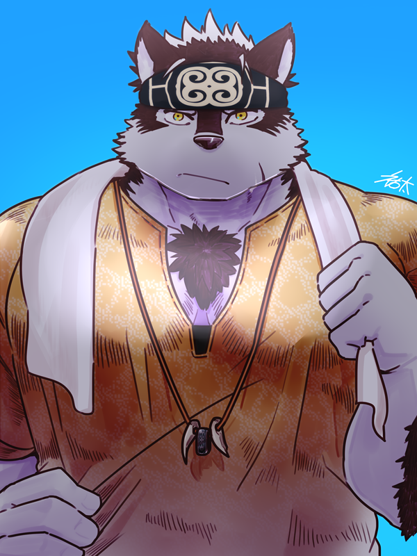 2019 3:4 accessory anthro canid canine canis chest_fur clothing confusion headband horkeukamui jewelry kemono looking_at_viewer male mammal muscular muscular_male necklace scar shirt tokyo_afterschool_summoners topwear towel umyuta video_games wolf yellow_eyes