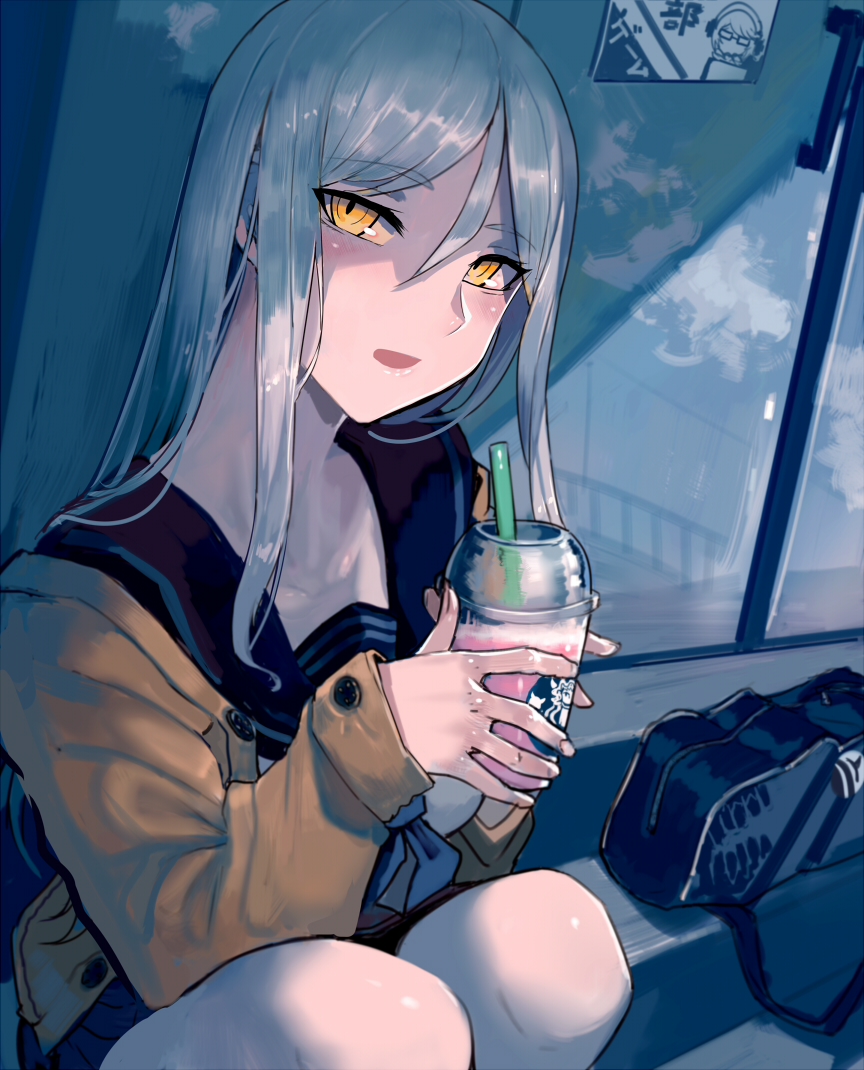 1girl bag bench cup drinking_straw hair_between_eyes headphones holding holding_cup kantai_collection long_hair looking_at_viewer parted_lips pleated_skirt sailor_collar school_bag school_uniform shinkaisei-kan sidelocks sitting skirt starbucks starbucks_siren supply_depot_hime sweater ta-class_battleship walzrj white_hair window yellow_eyes