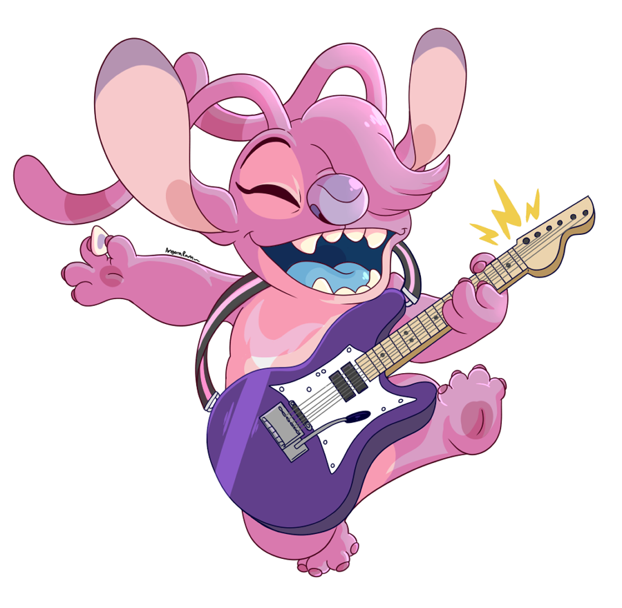 2019 4_fingers 4_toes alien alpha_channel angel_(lilo_and_stitch) angoraram antennae_(anatomy) blue_mouth blue_tongue cel_shading chest_markings claws digital_drawing_(artwork) digital_media_(artwork) disney electric_guitar experiment_(lilo_and_stitch) eyes_closed fingers fur guitar guitar_pick hair hair_over_eye happy holding_musical_instrument holding_object lilo_and_stitch markings musical_instrument open_mouth open_smile pawpads pink_fur purple_claws purple_nose purple_pawpads raised_leg signature simple_background smile solo toes tongue transparent_background