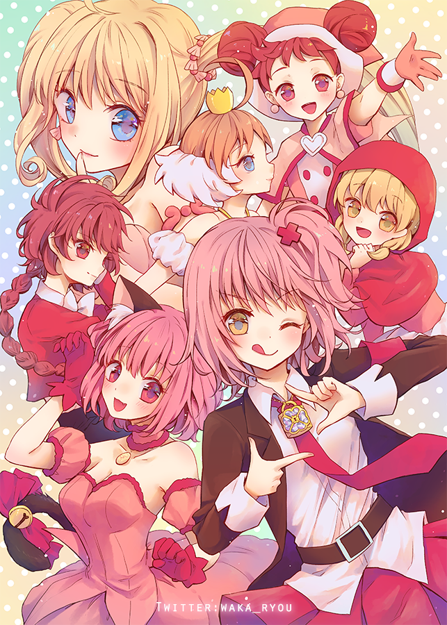 6+girls :d ;q ahoge akazukin_chacha animal_ears bell blonde_hair blue_eyes bow bowtie braid brown_eyes brown_hair cat_ears cat_tail chacha_(akazukin_chacha) choker crossover crown double_bun dress earrings finger_frame gloves hair_intakes hair_ornament hairclip harukaze_doremi hinamori_amu hood jewelry jingle_bell long_hair looking_at_viewer magic_knight_rayearth magical_girl mermaid_melody_pichi_pichi_pitch mew_ichigo mini_crown momomiya_ichigo multiple_crossover multiple_girls nanami_lucia ojamajo_doremi one_eye_closed open_mouth outstretched_hand paw_pose pink_dress pink_eyes pink_gloves pink_hair pink_neckwear pink_shawl pink_sleeves polka_dot polka_dot_background princess_tutu princess_tutu_(character) profile puffy_sleeves rainbow_background red_bow red_eyes red_gloves red_hair red_shirt shidou_hikaru shirt short_hair shugo_chara! side_ponytail smile tail tail_bow tokyo_mew_mew tongue tongue_out twitter_username waka_ryou white_bow x_hair_ornament yellow_eyes