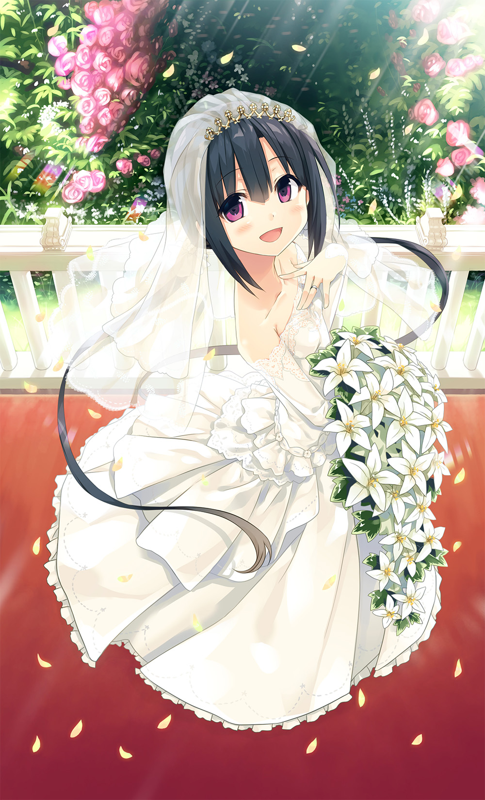 1girl :d bangs bare_shoulders black_hair blush bouquet breasts bridal_veil bride collarbone cura detached_sleeves dress eyebrows_visible_through_hair flower frilled_dress frills from_above hair_between_eyes hand_on_own_chest hand_up hayase_fukami highres holding holding_bouquet jewelry light_rays long_hair long_sleeves looking_at_viewer looking_to_the_side maitetsu official_art open_mouth pink_flower pink_rose pleated_dress purple_eyes railing ring rose see-through sidelocks sleeves_past_wrists small_breasts smile solo standing strapless strapless_dress twintails veil very_long_hair wedding_band wedding_dress white_dress white_flower