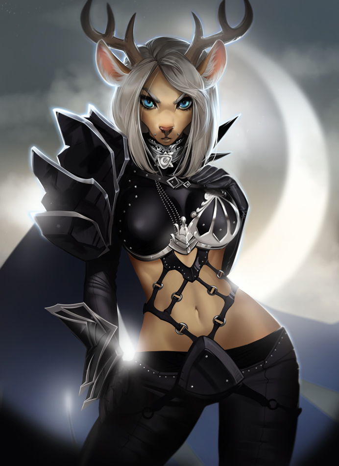 2019 anthro antlers aomori armor blue_eyes breasts cervid clothed clothing cloud collar deity detailed_background digital_media_(artwork) facial_piercing female grey_hair hair horn looking_at_viewer mammal midriff moon navel ohiri piercing solo standing unconvincing_armor white_hair