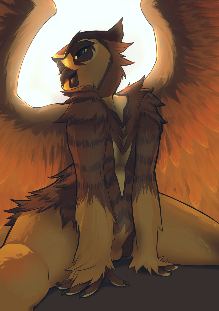 anthro avian bird claws feathers feliscede female hi_res nude owl pussy solo yellow_eyes