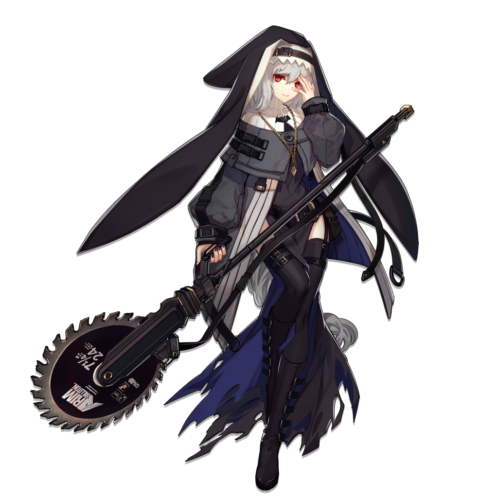 1girl arknights bangs black_footwear black_headwear black_legwear black_nails blush boots breasts capelet coat eyebrows_visible_through_hair garter_straps grey_capelet grey_coat grey_hair habit hair_between_eyes hand_up holding holding_weapon jewelry knee_boots long_hair looking_at_viewer medium_breasts nail_polish necklace nun off_shoulder official_art open_clothes open_coat parted_lips pelvic_curtain red_eyes saw sidelocks skade smile solo specter_(arknights) tachi-e thighhighs transparent_background tsurime turtleneck weapon