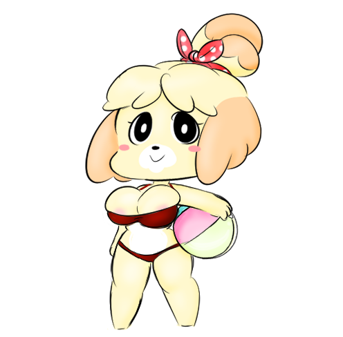 animal_crossing anthro ball beach_ball big_breasts bikini blush breasts canid canine canis clothed clothing domestic_dog female fur hair isabelle_(animal_crossing) low_res mammal nintendo nipples shih_tzu simple_background smile solo swimwear toy_dog vallycuts video_games yellow_fur