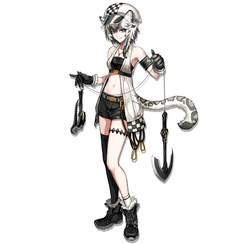1girl animal_ear_fluff animal_ears arknights armband armpits bandeau bangs bare_shoulders belt black_bandeau black_footwear black_gloves black_hair black_legwear black_shorts boots breasts buckle cliffheart_(arknights) closed_mouth collarbone full_body fur-trimmed_boots fur_trim gloves grey_eyes hair_between_eyes hair_ribbon hat holding holding_kusarigama holding_weapon jacket jewelry kusarigama leopard_ears leopard_tail long_hair looking_at_viewer midriff navel necklace open_clothes open_jacket ribbon ryuuzaki_ichi short_hair short_shorts shorts sickle sidelocks single_sock single_thighhigh sleeveless_jacket small_breasts smile socks solo stomach tachi-e tail thigh_strap thighhighs transparent_background tress_ribbon weapon white_hair white_legwear
