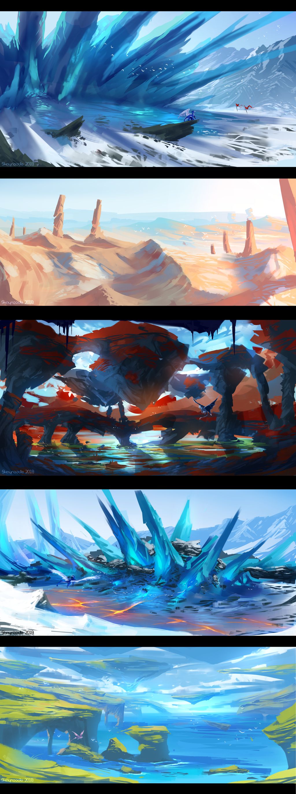 2018 absurd_res amazing_background concept_art day detailed_background dragon fantasy feral flying hi_res horn membrane_(anatomy) membranous_wings outside scalie scenery skaydie standing western_dragon wings