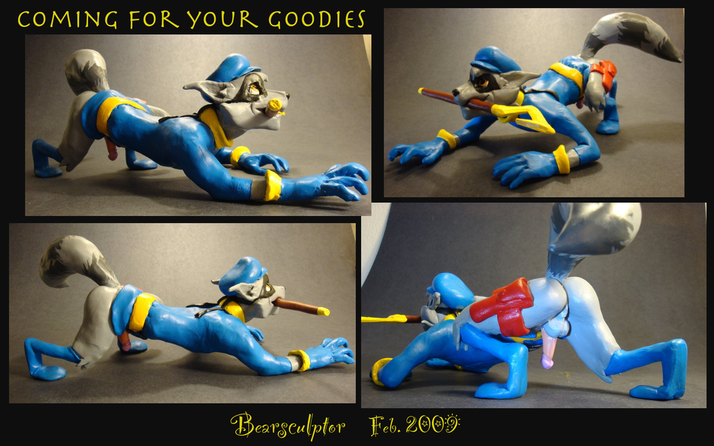 balls bearsculptor bottomless butt clothed clothing crawling erection half-dressed male mammal penis raccoon real sculpture sly_cooper sly_cooper_(series) solo