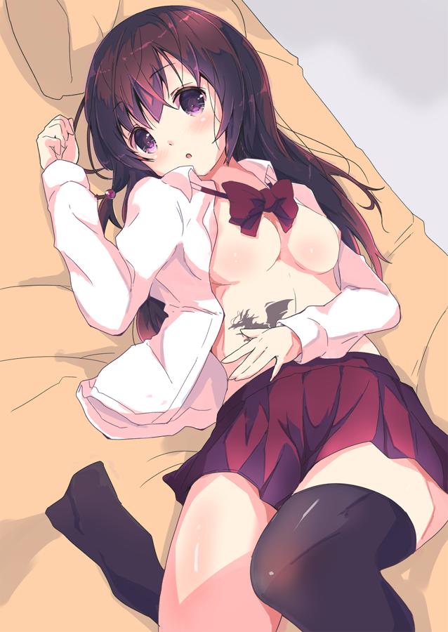 1girl :o achiga_school_uniform black_legwear blush bow bowtie breasts brown_hair commentary couch dragon dress_shirt eyebrows_visible_through_hair long_hair long_sleeves looking_at_viewer loose_bowtie lying matsumi_kuro medium_breasts miniskirt no_bra on_back on_couch open_clothes open_shirt parted_lips pleated_skirt purple_eyes red_neckwear red_skirt saki saki_achiga-hen school_uniform shirt single_thighhigh skirt solo stomach_tattoo tattoo thighhighs thighhighs_removed tom_q_(tomtoq) white_shirt