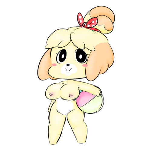 animal_crossing anthro ball beach_ball big_breasts blush breasts canid canine canis domestic_dog female fur hair isabelle_(animal_crossing) low_res mammal nintendo nipples nude pussy shih_tzu simple_background smile solo toy_dog vallycuts video_games yellow_fur