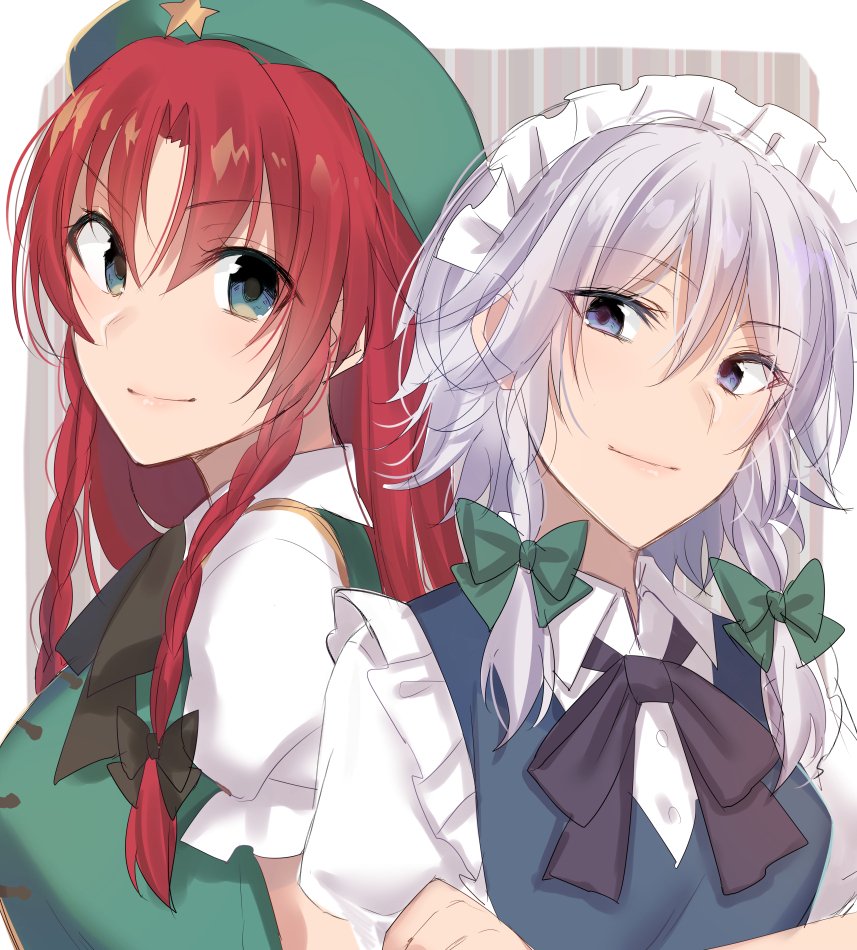 2girls asa_(coco) bangs beret black_bow black_neckwear blue_dress blue_eyes border bow bowtie braid breasts commentary_request crossed_arms dress eyebrows_visible_through_hair green_bow green_headwear green_vest grey_background hair_between_eyes hair_bow hat head_tilt hong_meiling izayoi_sakuya long_hair looking_at_viewer maid maid_headdress medium_breasts multiple_girls outside_border puffy_short_sleeves puffy_sleeves red_hair shirt short_hair short_sleeves silver_hair smile star striped striped_background touhou twin_braids upper_body vertical-striped_background vertical_stripes vest white_border white_shirt