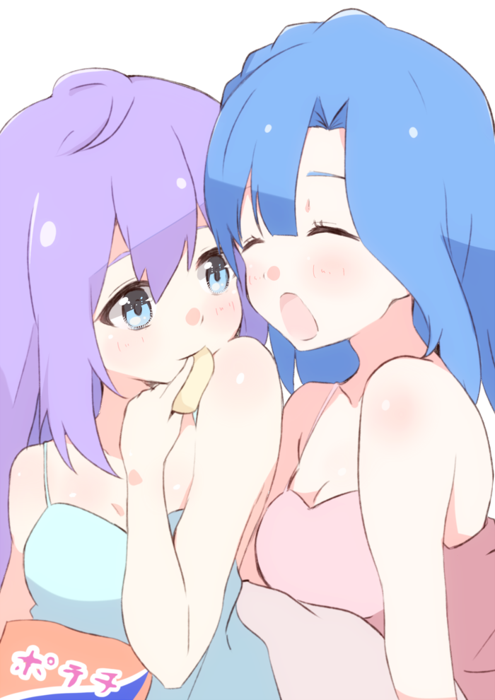 2girls bag_of_chips bangs bare_arms bare_shoulders blue_dress blue_eyes blue_hair blush breasts chips cleavage closed_eyes closed_mouth dress enelis eyebrows_visible_through_hair food hair_between_eyes holding holding_food idolmaster idolmaster_million_live! idolmaster_million_live!_theater_days long_hair looking_at_another looking_away looking_to_the_side medium_breasts mochizuki_anna multiple_girls nanao_yuriko open_mouth pink_dress potato_chips purple_hair simple_background sleeveless sleeveless_dress white_background