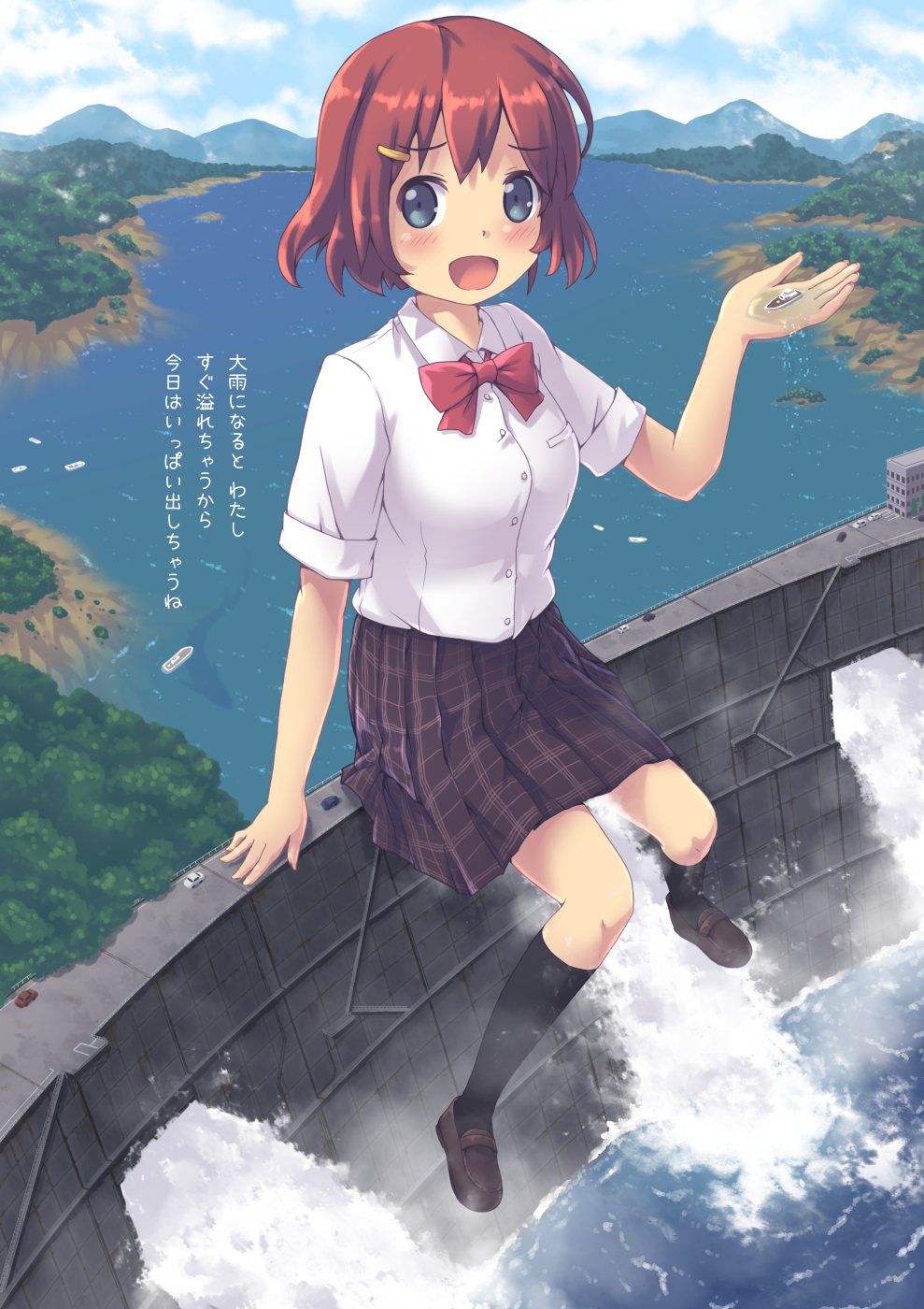 1girl aki_(akisora_hiyori) aqua_eyes black_legwear blue_sky blush boat bow bowtie brown_footwear brown_hair building car cloud collar commentary_request dam eyebrows_visible_through_hair from_above full_body giantess ground_vehicle hair_ornament hairclip highres holding in_palm kneehighs lake landscape loafers motor_vehicle mountain mountainous_horizon open_hand open_mouth original palms personification plaid plaid_skirt red_bow red_neckwear school_uniform shirt shoes short_hair short_sleeves sitting size_difference skirt sky smile solo translation_request tree uniform water watercraft white_collar white_shirt